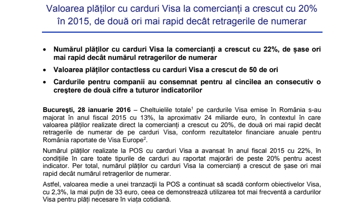 Valoarea plăților cu carduri Visa la comercianți a crescut cu 20% în 2015, de două ori mai rapid decât retragerile de numerar