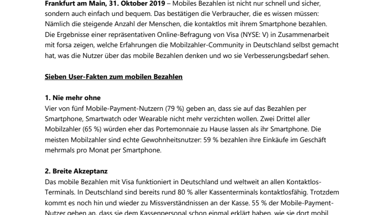 Visa Mobile Payment Monitor 2019: Sieben Fakten über deutsche Mobilzahler und ihr Bezahlverhalten 