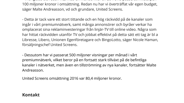 United Screens passerar 100 miljoner kronor i omsättning för 2017
