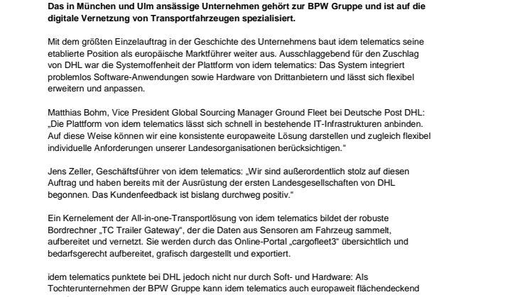 DHL vernetzt Transportflotten europaweit mit idem telematics