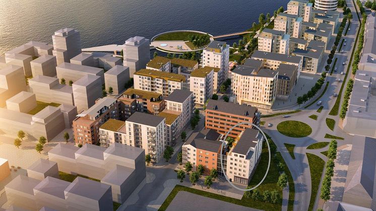 Den aktuella fastigheten (inringad) byggs just nu vid Torparondellen i stadsdelen Munksjöstaden i Jönköping.