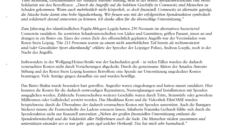 Nach Zerstörung durch rechte Randalierer in Leipzig: Amadeu Antonio Stiftung und Roter Stern Leipzig ´99 e.V. sammeln zusammen 40.000 Euro Spenden für Betroffene der neonazistischen Gewalt
