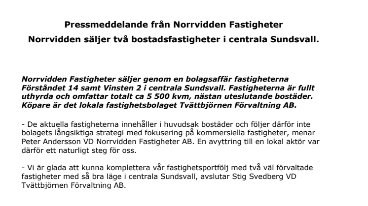 Norrvidden säljer två bostadsfastigheter i centrala Sundsvall