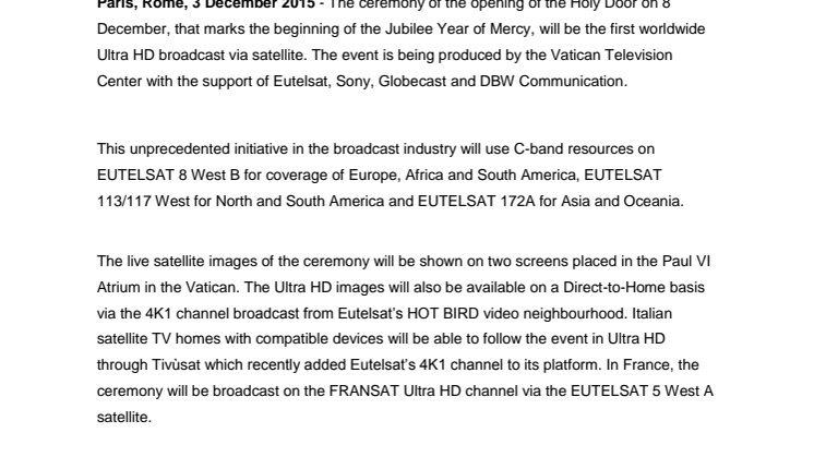 Eutelsat partners with Vatican Television Centre for first worldwide  Ultra HD transmission 