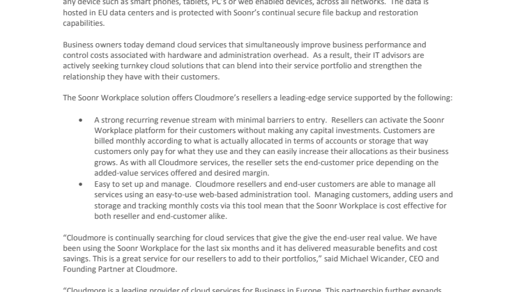 Cloudmore’s Reseller and Customers benefit from the addition of the Soonr Workplace Cloud-Based Collaboration service.