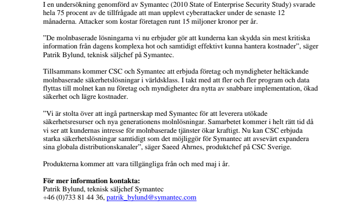 CSC och Symantec erbjuder unika säkerhetslösningar i molnet