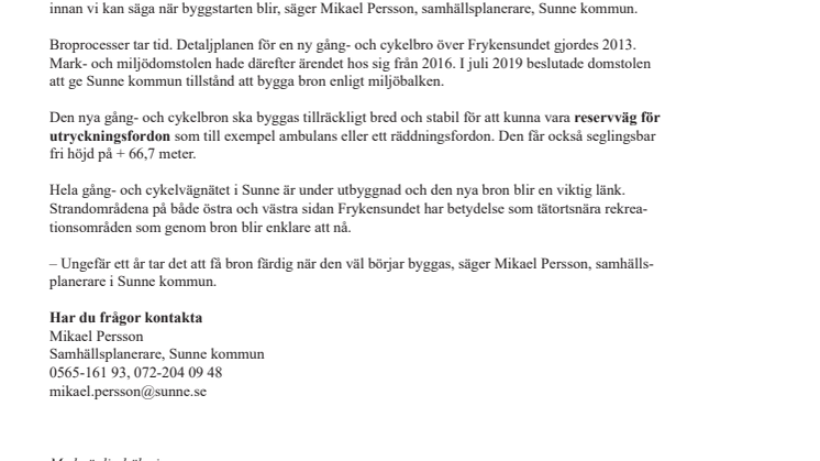 1,3 miljoner kronor till ny gång- och cykelbro i Sunne