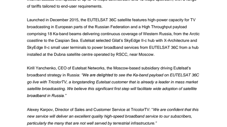 TricolorTV launches broadband services in Russia via EUTELSAT 36C satellite