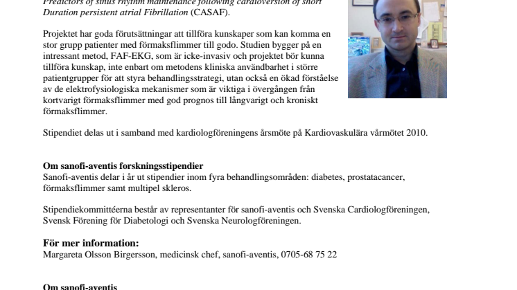 Forskare inom förmaksflimmer tilldelas sanofi-aventis stipendium