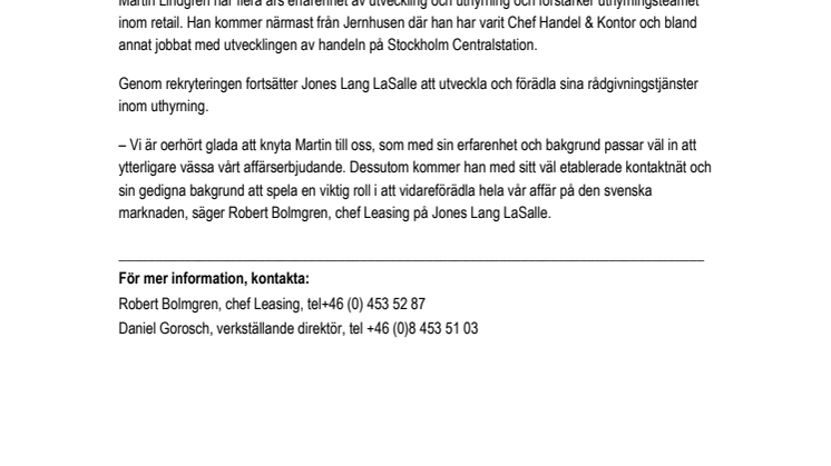 Jones Lang LaSalle rekryterar Martin Lindgren som  Senior Retail Development & Leasing Manager