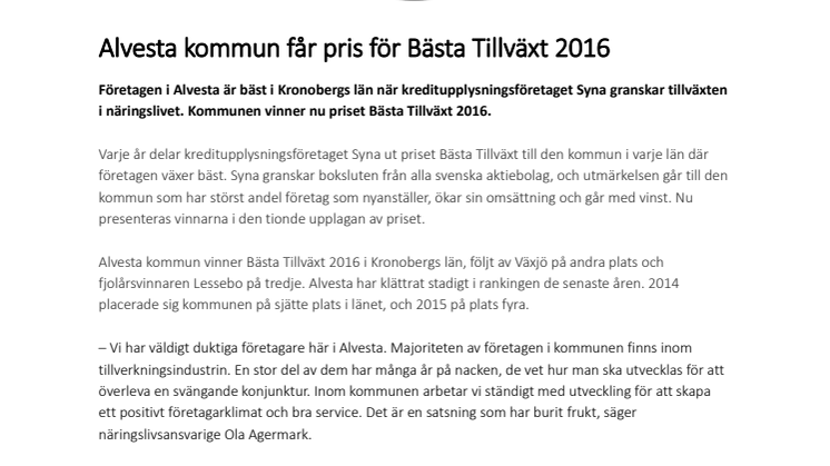 Alvesta kommun får pris för Bästa Tillväxt 2016