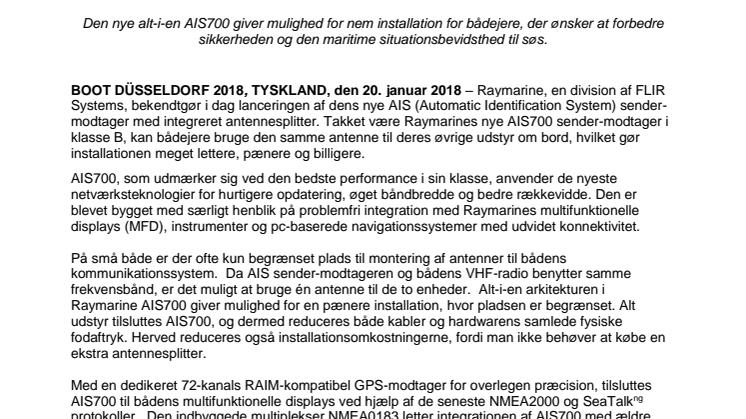 Raymarine - boot Düsseldorf : Raymarine lancerer ny AIS sender-modtager med integreret antennesplitter