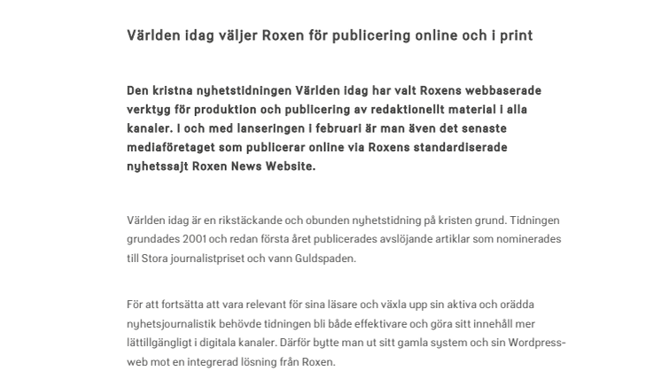 Världen idag väljer Roxen för publicering online och i print