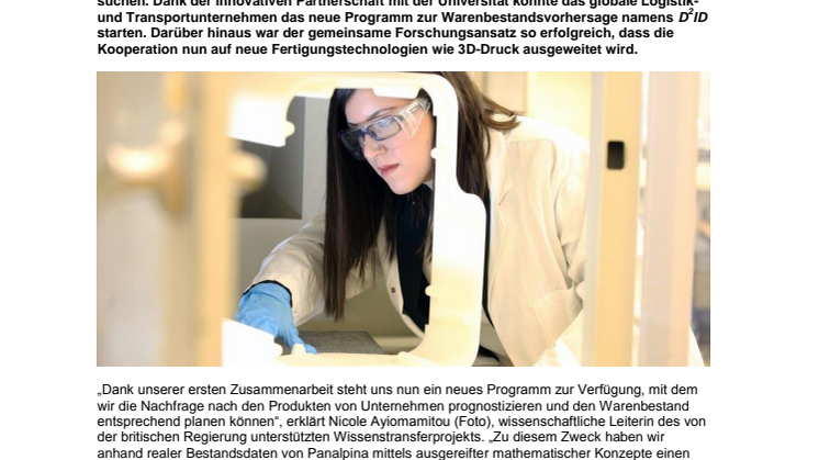 Panalpina und die Cardiff Business School: erfolgreiche Forschung im Bereich optimaler Warenbestand wird auf 3D-Druck ausgeweitet