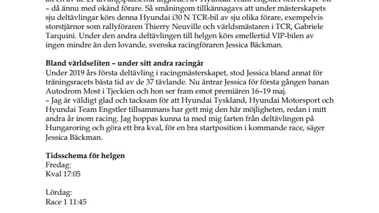 Jessica Bäckman en av sju VIP-förare i TCR 2019 