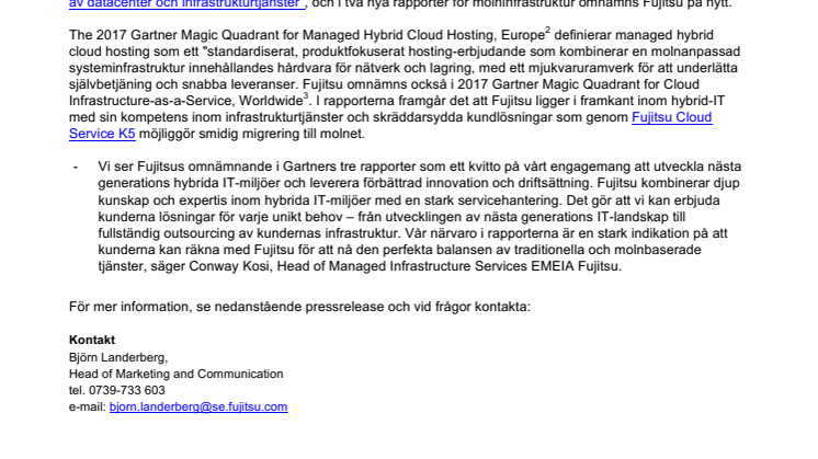 Fujitsus uppmärksammas för sina hybrida IT-lösningar i tre Gartner Magic Quadrants