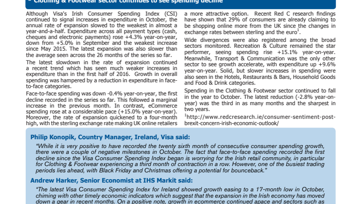 Weakest growth in Irish consumer spending in 17 months, as expansion slows to +4.3% in October