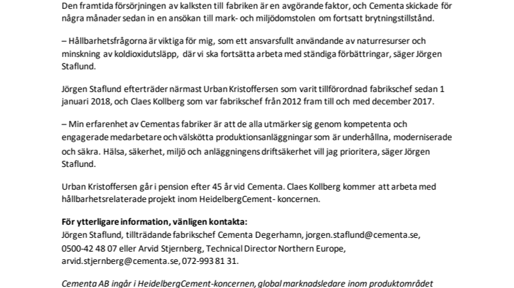 Jörgen Staflund utsedd till ny fabrikschef för Cementa i Degerhamn 