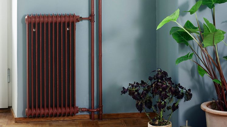 En högst ordinär radiator inklusive rör hela vägen upp mot taket målade i Anis 681. Tillsammans med väggen i kulören Skilla 779 skapas ett industriellt och högaktuellt uttryck.  