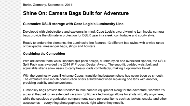 Case Logic Luminosity - Shine On: Camera Bags Built for Adventure 