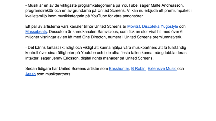 United Screens storsatsar inom musik på YouTube