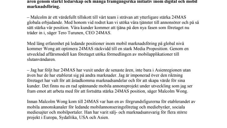 24 Mobile Advertising Solutions rekryterar Malcolm Wong som Vice President för Advertising Strategy