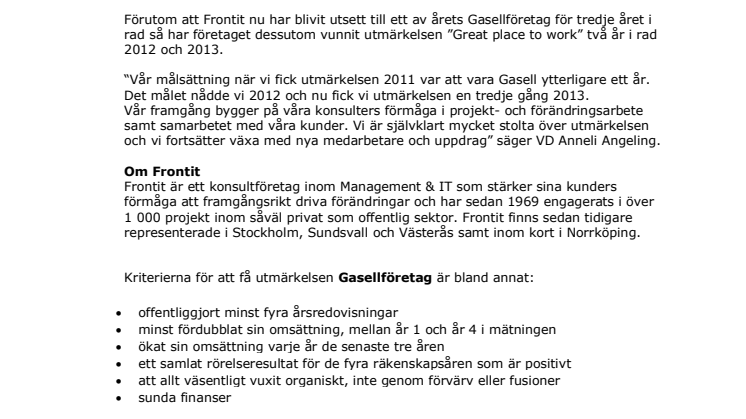 Frontit utsett till Gasellföretag för tredje året! 