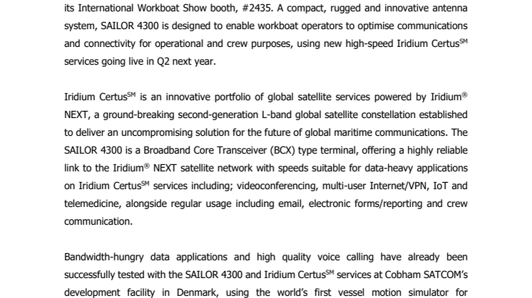 Cobham SATCOM - IWBS 2017: New SAILOR Iridium® NEXT satcom antenna comes to Workboat