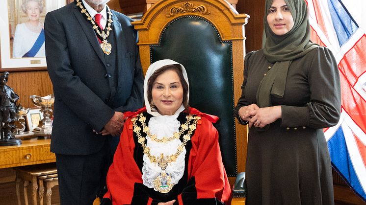 The new Mayor of Bury, Cllr Shaheena Haroon, with her husband Mr Raja Haroon Khan who will serve as the Mayor's Consort and her daughter, Cllr Ayesha Arif, who will be her Mayoress.