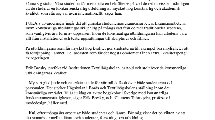 Högsta betyg till konstnärlig utbildning