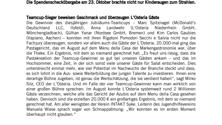 Pasta von Systemgastronomie-Nachwuchs erzielt 20.000 € Spende