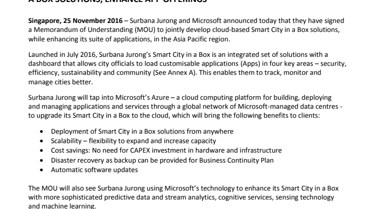 Surbana Jurong and Microsoft to develop cloud-based Smart City in a Box solutions, enhance app offerings