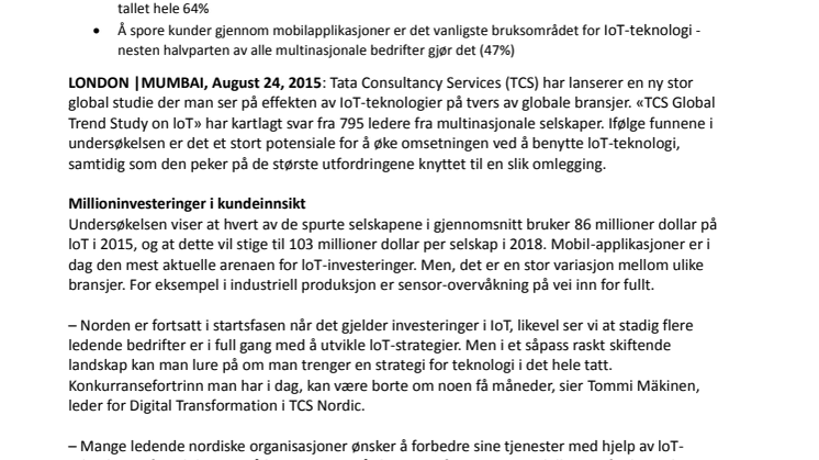 Ny TCS-rapport: Investeringer i «Internet of Things-teknologi» gir omsetningsvekst for 80 % av bedrifter