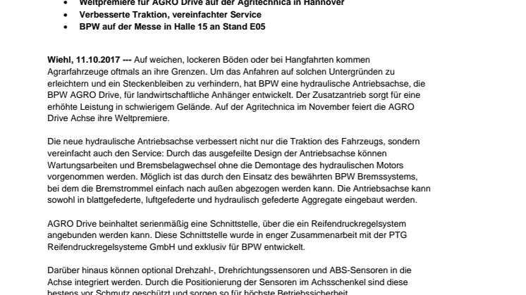 BPW entwickelt hydraulische Antriebsachse AGRO Drive für Agrar-Anhänger