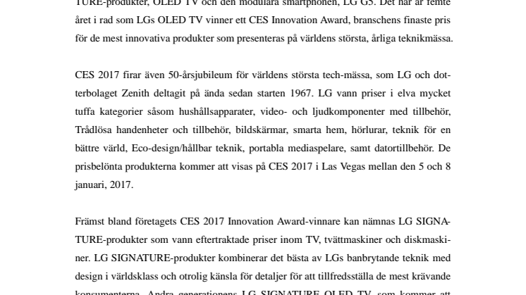 LG VINNER 21 CES 2017 INNOVATION UTMÄRKELSER 