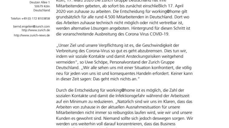 COVID-19: Zurich setzt auf working@home