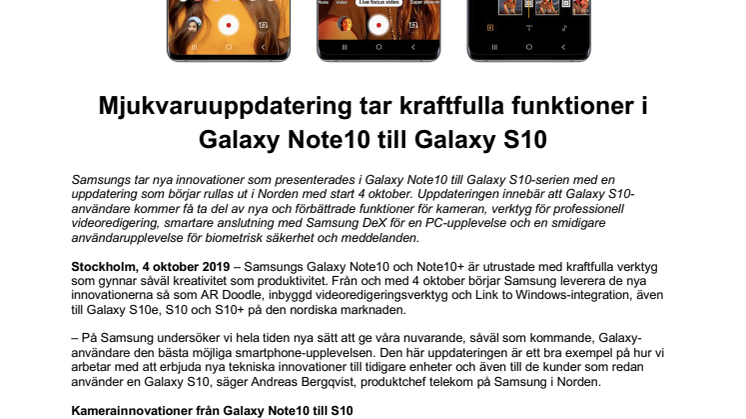 Mjukvaruuppdatering tar kraftfulla funktioner i  Galaxy Note10 till Galaxy S10