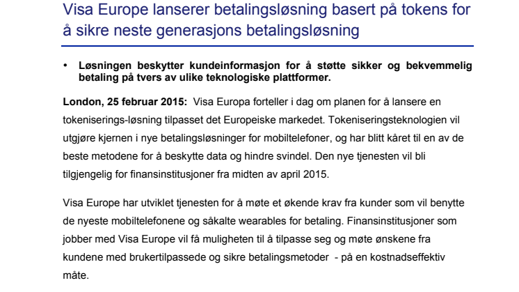 Visa Europe lanserer betalingsløsning basert på tokens for å sikre neste generasjons betalingsløsning