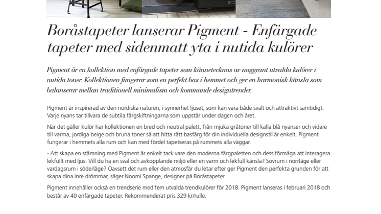 Boråstapeter lanserar Pigment - Enfärgade tapeter med sidenmatt yta i nutida kulörer