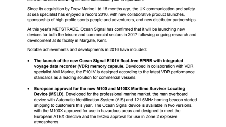 Ocean Signal: METSTRADE - Ocean Signal Reports Record 2016 and Plans for New Product Development