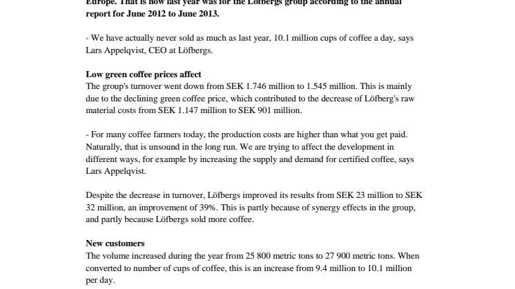 Löfbergs increased to ten million cups of coffee a day