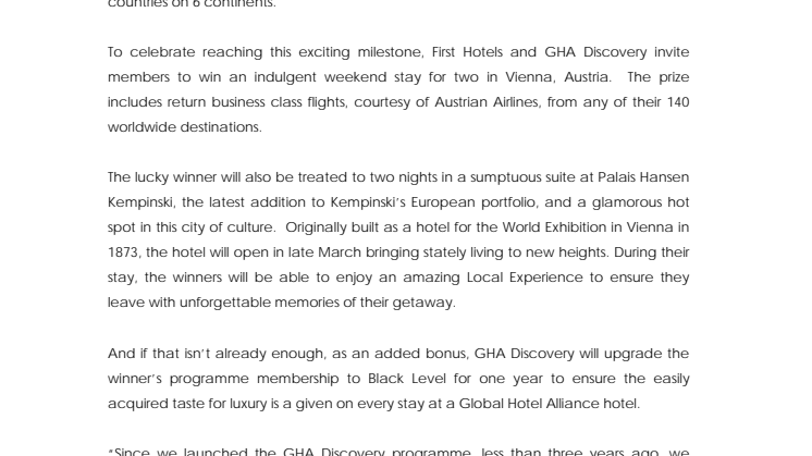 GHA DISCOVERY REACHES THREE MILLIONTH MEMBER MARK - Celebrates with luxury weekend break giveaway in Vienna!