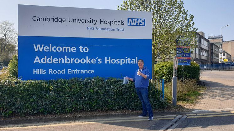 Barry Cathrall, production engineering manager at Adder, hand delivers 20 protective visors to Addenbrooke’s Hospital in Cambridge.