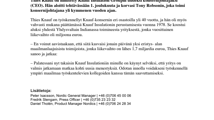 Uusi konsernijohtaja Knauf Insulationille 