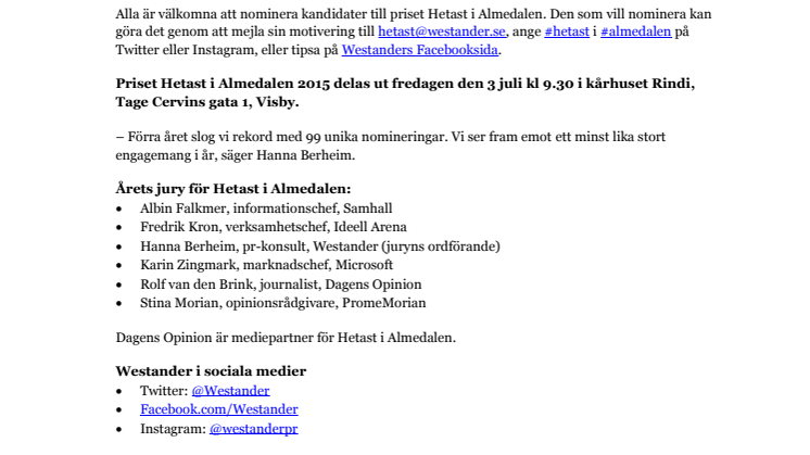 Westander utser Hetast i Almedalen 2015