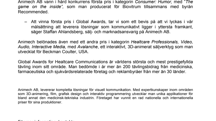 Animech AB vinner prestigefyllt 1a pris i Global Awards 2009