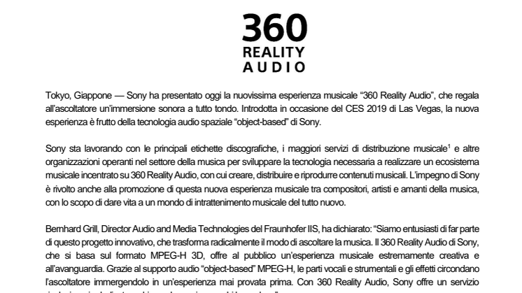 Sony presenta la nuova esperienza musicale “360 Reality Audio”: un avvolgente campo sonoro tridimensionale basato sulla tecnologia audio spaziale “object-based” 