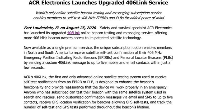 ACR Electronics Launches Upgraded 406Link Service