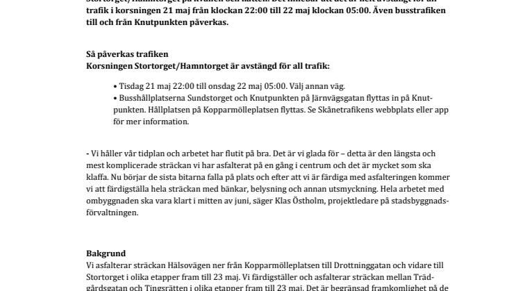 Nattarbete i korsningen Stortorget/Hamntorget påverkar trafiken