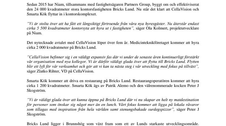 CellaVision och Smarta Kök flyttar till Bricks Lund